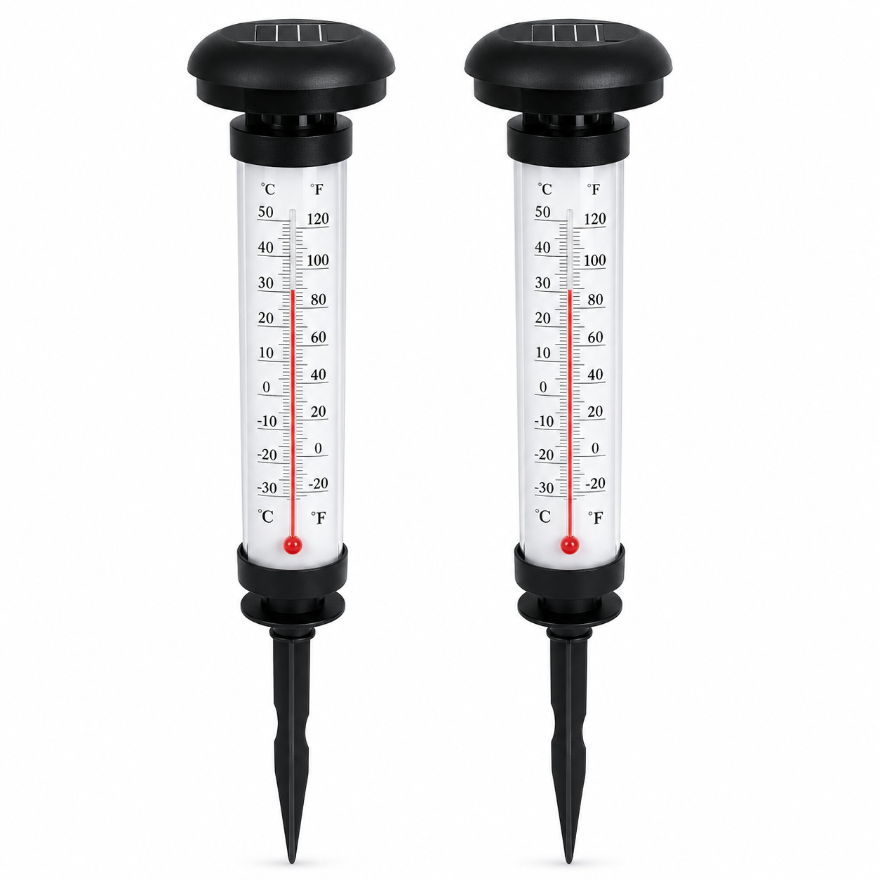 Set 2 Termometre Solare de Gradina cu Lampa LED, Afisaj Dual Celsius/Fahrenheit, Aprindere Automata, Incarcare Solara, Tarus Inclus, 35 cm, Negru PromotiiZilnice