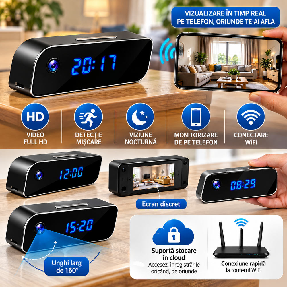 Ceas Digital cu Cameră de Supraveghere WiFi, Full HD 1080P, Viziune Nocturnă, Detecție Mișcare, Microfon, Negru BunSiPractic