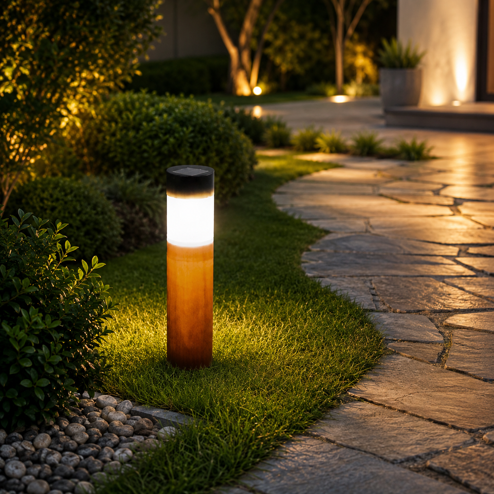 Set 4 Lampi Solare LED pentru Gradina si Alei, Aspect Lemn Natural, Aprindere Automata, Rezistente la Intemperii, Lumina Alba Calda BoomSale