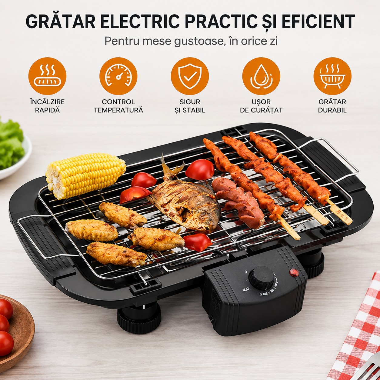 Gratar Electric 2000W, Termostat Reglabil, Grill Portabil pentru Interior si Exterior, Suprafata Mare de Gatire, Incalzire Rapida, Negru PromotiiZilnice