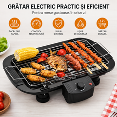 Gratar Electric 2000W, Termostat Reglabil, Grill Portabil pentru Interior si Exterior, Suprafata Mare de Gatire, Incalzire Rapida, Negru PromotiiZilnice