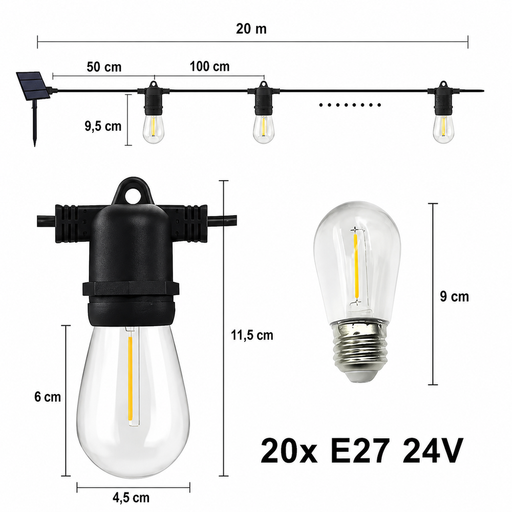 Ghirlanda solara exterior 25 metri cu 25 becuri LED E27, telecomanda, IP65 rezistenta la apa – instalatie luminoasa pentru gradina, terasa, balcon si evenimente Powersale