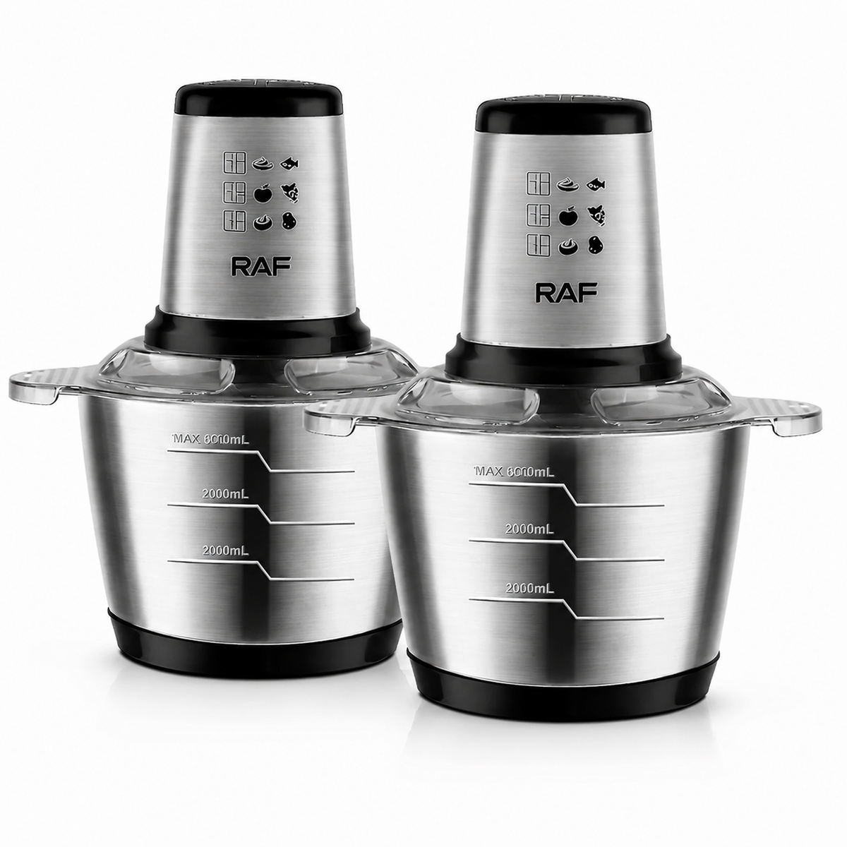 Set 2x Tocator Electric RAF R.7031, 1000W, Bol Inox 3L, 2 Viteze, 4 Lame din Otel Inoxidabil – Tocare Rapida Carne, Legume, Fructe Powersale