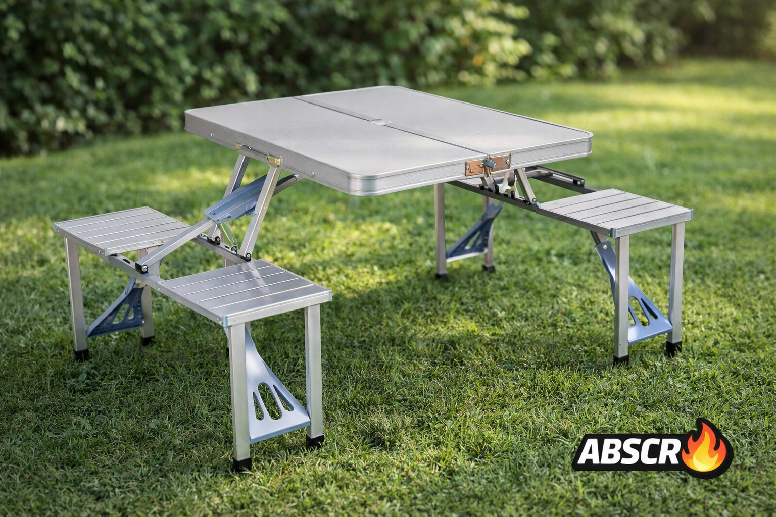 Masa pliabila aluminiu tip geamantan cu 4 scaune si suport umbrela – ideala pentru picnic, camping si gradina Powersale