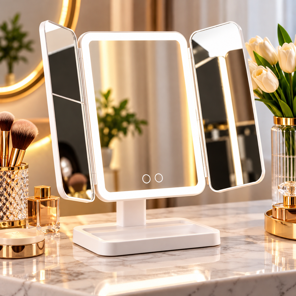 Oglindă Cosmetică LED Pliabilă cu Mărire, 3 Tipuri de Lumină, Intensitate Reglabilă, Control Touch, Suport Rotativ, Albă PromotiiZilnice