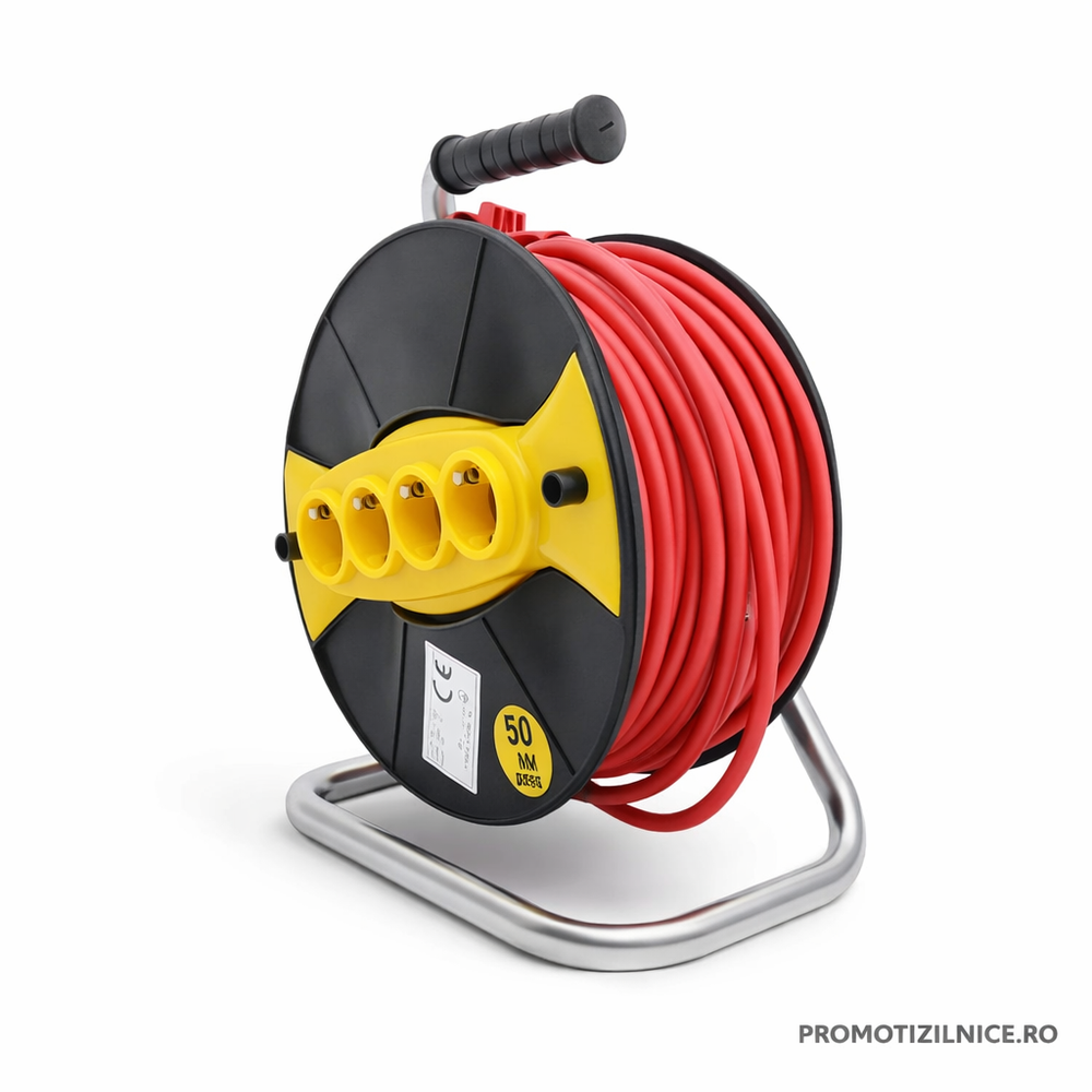 Prelungitor cu tambur 50 m, 4 prize Schuko, cablu 3×2.5 mm – Perfect pentru casă și grădină PromotiiZilnice