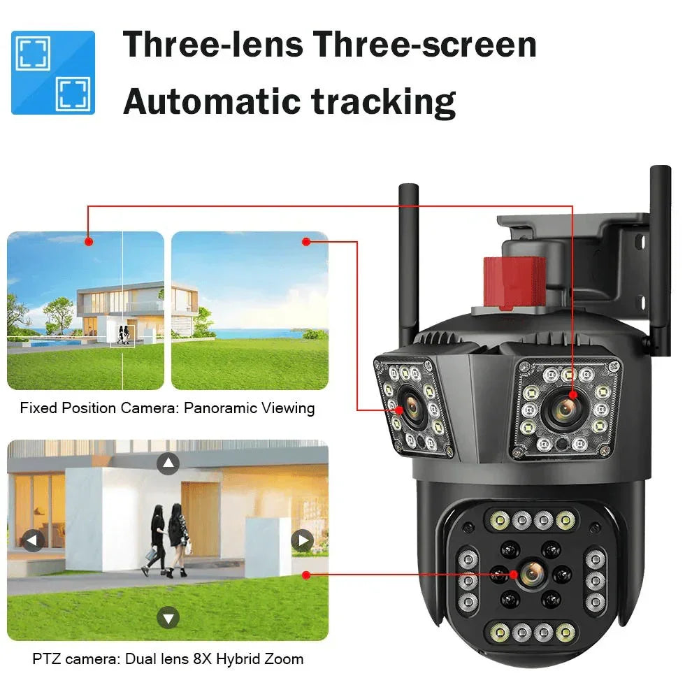 Set 2 camere triple Wi-Fi 6K, 12MP, audio bidirecțional, detecție mișcare AI, night vision, PTZ PromotiiZilnice
