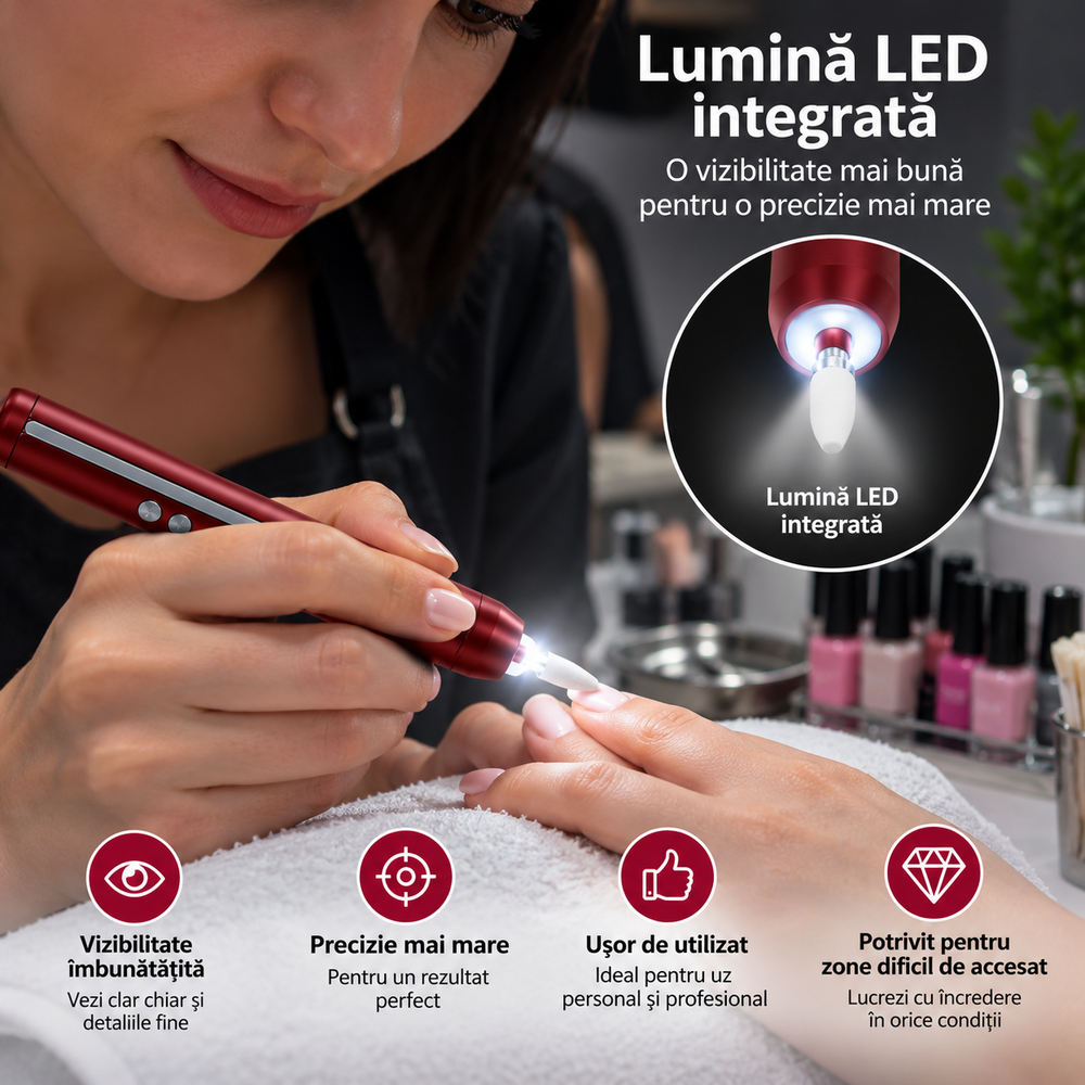 Freză Electrică pentru Manichiură și Pedichiură, Portabilă, USB, cu Capete de Frezare Powersale