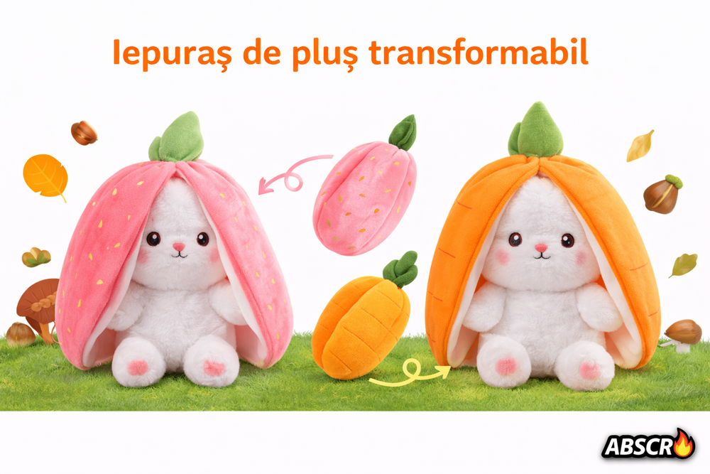 Set 2x Iepuraș de pluș transformabil 2 în 1 (morcov/căpșună) 30 cm – jucărie moale fleece & bumbac copii PromotiiZilnice