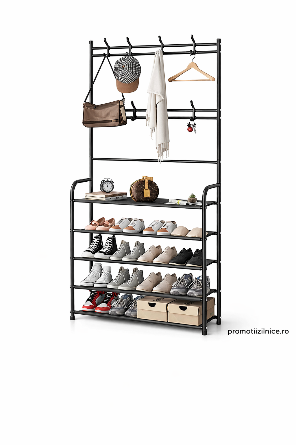 Cuier Metalic Multifuncțional cu Pantofar și 4 Rafturi Spațioase – Organizator pentru Hol, Living sau Dormitor, Design Modern Negru, Structură Rezistentă PromotiiZilnice