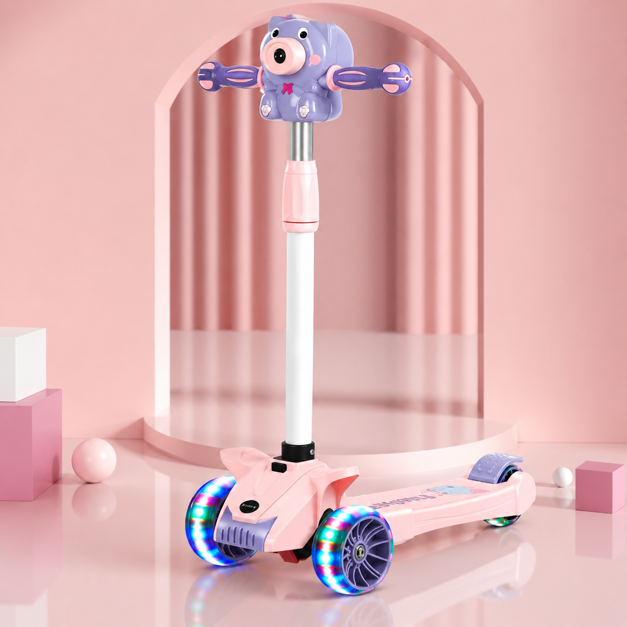 Trotineta multifunctionala copii 3 in 1 cu muzica, baloane de sapun si roti LED, pliabila, ghidon reglabil, scaun detasabil, roz-mov Powersale