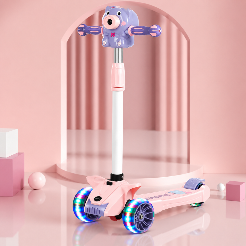 Trotineta multifunctionala copii 3 in 1 cu muzica, baloane de sapun si roti LED, pliabila, ghidon reglabil, scaun detasabil, roz-mov Powersale