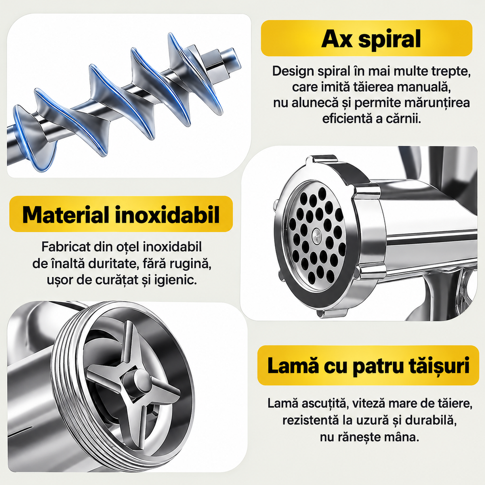 Mașină de Tocat Carne Manuală din Aluminiu, cu Prindere pe Masă, Manivelă, Sită, Cuțit și Accesoriu pentru Cârnați, Argintiu PromotiiZilnice