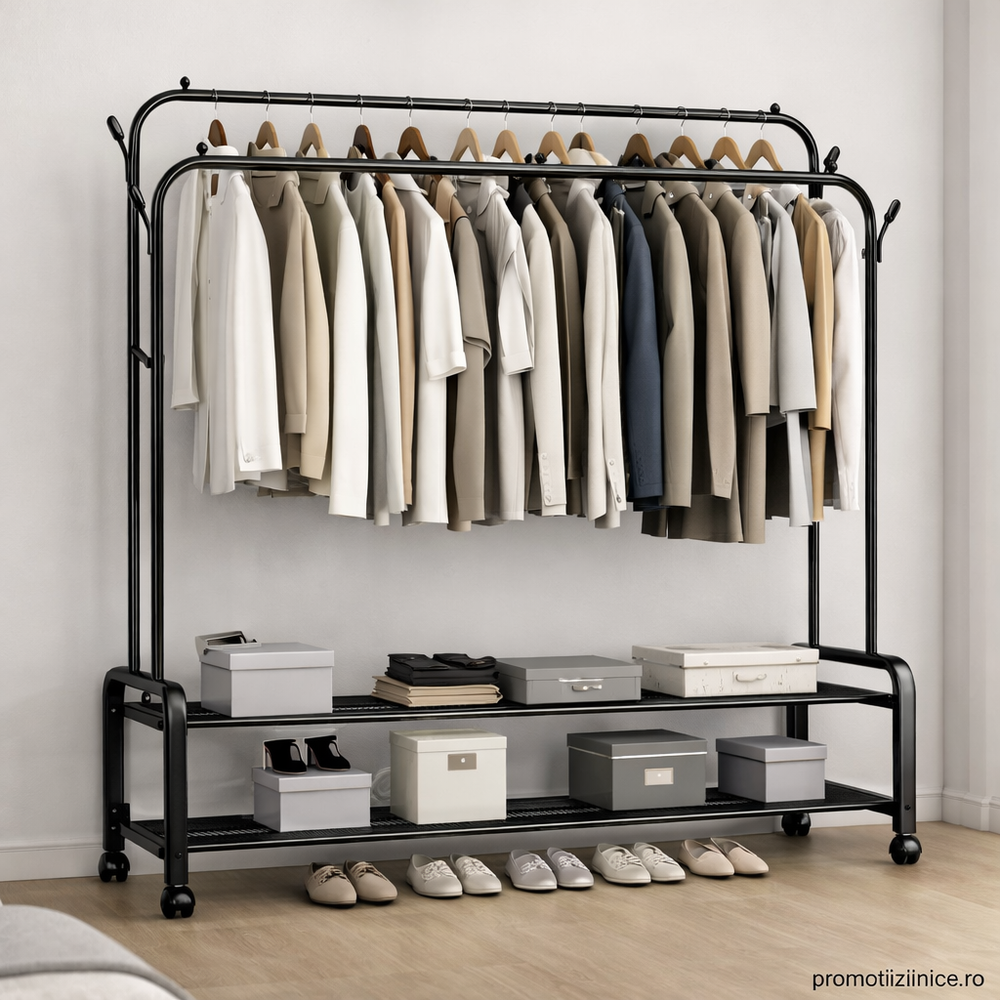 Suport pentru haine metalic cu roți 143x96x42 cm – organizator haine multifuncțional cu rafturi și cârlige, negru PromotiiZilnice
