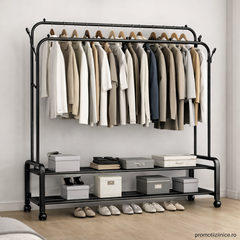 Suport pentru haine metalic cu roți 143x96x42 cm – organizator haine multifuncțional cu rafturi și cârlige, negru PromotiiZilnice