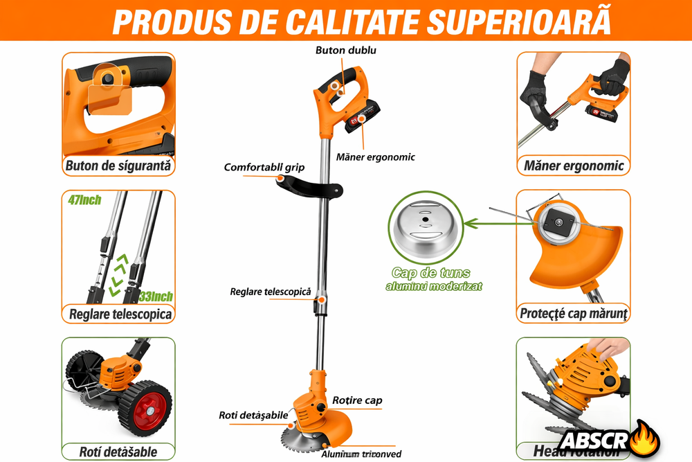 Motocoasă Electrică cu 2 Acumulatori 48V 4000 mAh, 18000 RPM, cu Roți Detasabile, Disc + 2 Lame + 5 Palete Incluse – Trimmer Profesional Iarbă și Buruieni BoomSale