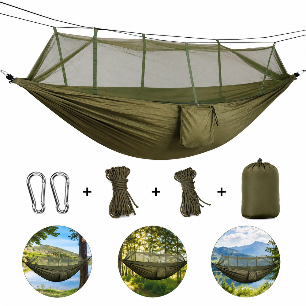 Hamac Camping cu Plasă Anti-Insecte 260x140 cm, Verde Kaki, Ultra Ușor, Portabil, cu Husă și Accesorii de Prindere Powersale