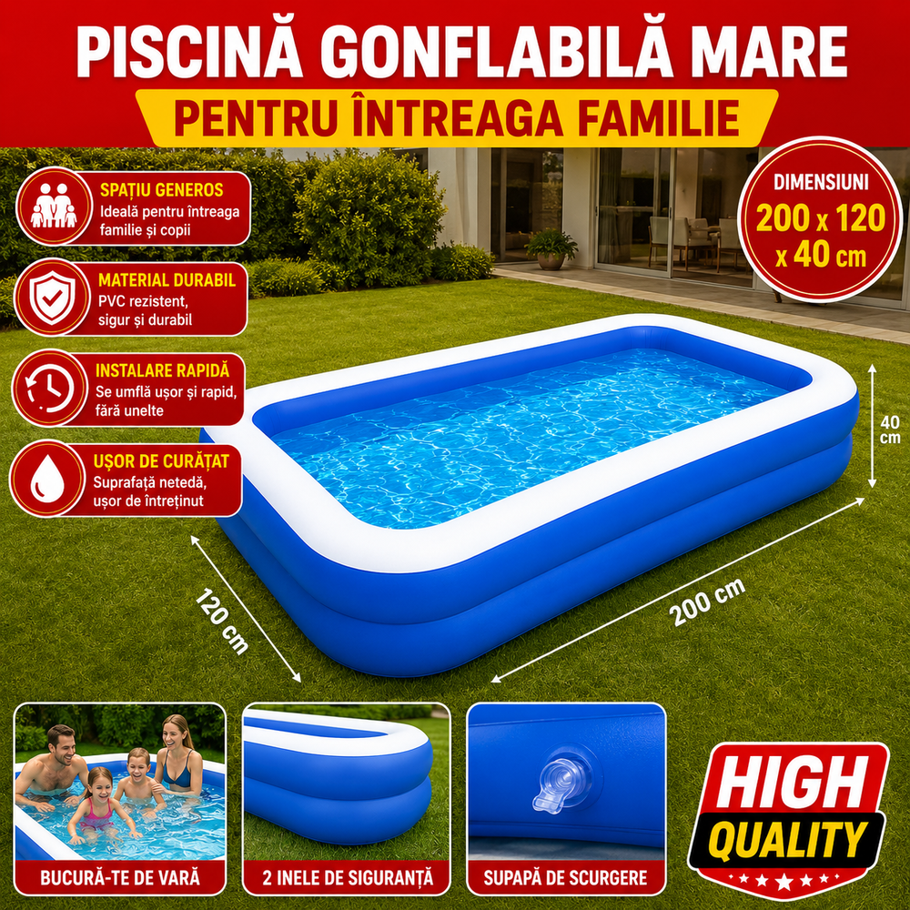 Piscina Gonflabila Mare pentru Familie 200 x 120 x 40 cm, 2 Inele de Siguranta, PVC Rezistent, Albastru Powersale