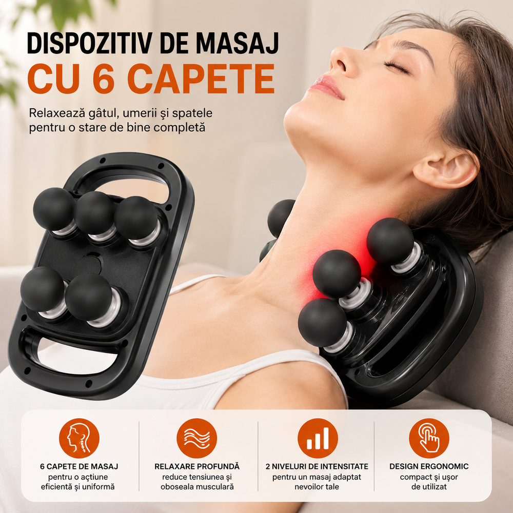 Aparat de Masaj Profesional cu 6 Capete, Display Digital, Lumină LED Roșie, Portabil, Relaxare Musculară Profundă Powersale