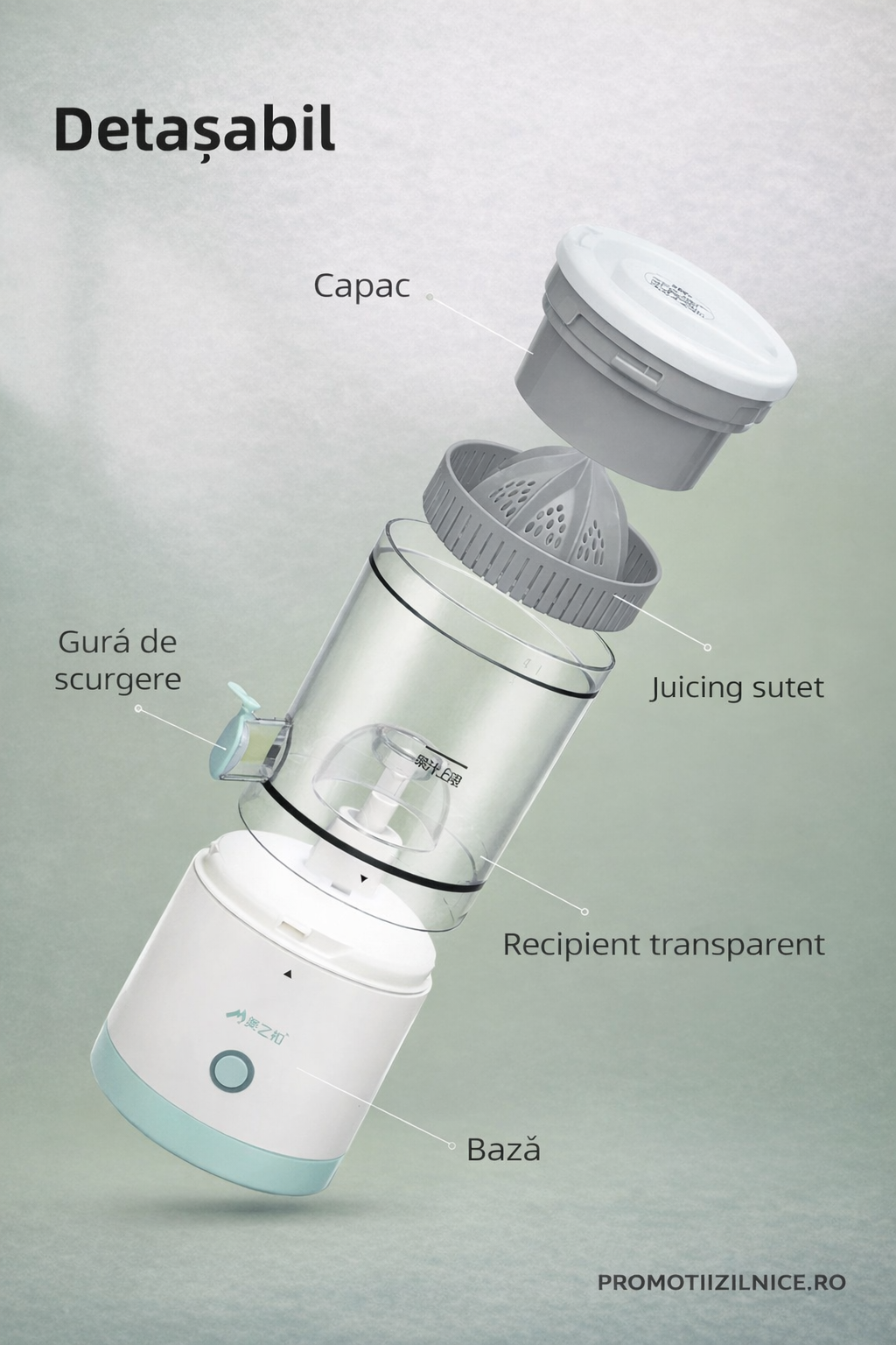 Storcător electric de citrice portabil 45W, 500ml, încărcare USB, alb/turcoaz – Suc proaspăt rapid, sistem separare pulpă PromotiiZilnice