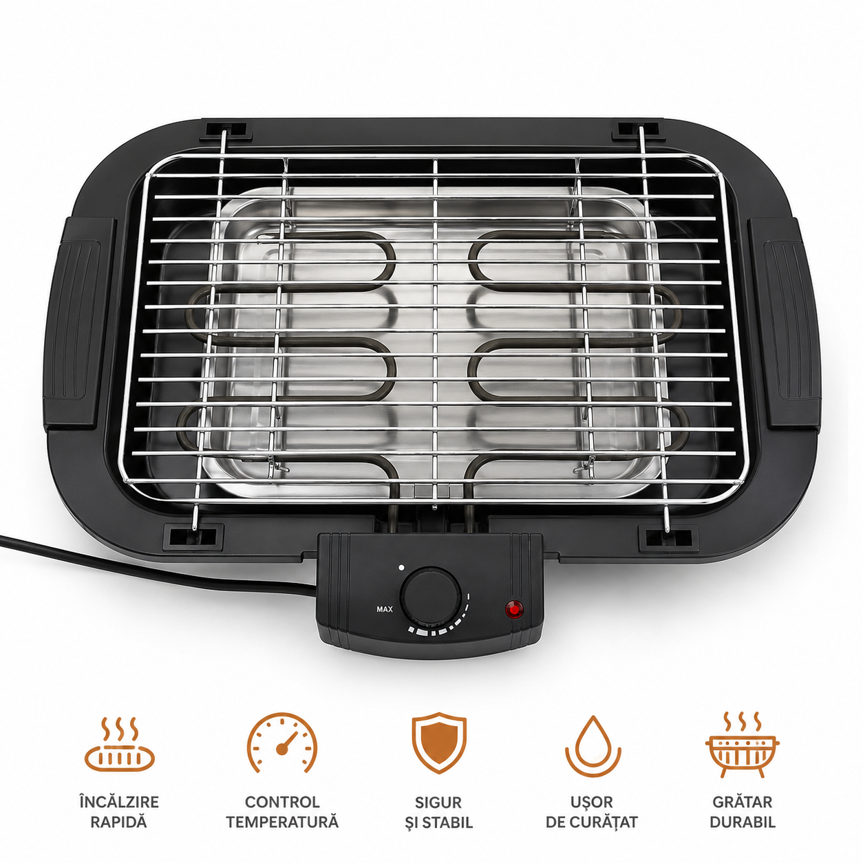 Gratar Electric 2000W, Termostat Reglabil, Grill Portabil pentru Interior si Exterior, Suprafata Mare de Gatire, Incalzire Rapida, Negru PromotiiZilnice