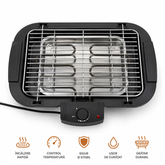 Gratar Electric 2000W, Termostat Reglabil, Grill Portabil pentru Interior si Exterior, Suprafata Mare de Gatire, Incalzire Rapida, Negru PromotiiZilnice