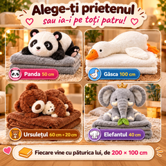 Jucărie de Pluș 2 în 1 cu Păturică Pufoasă 200 × 100 cm, Fermoar Ascuns, Panda, Gâscă, Ursuleț sau Elefant, Model la Alegere Powersale
