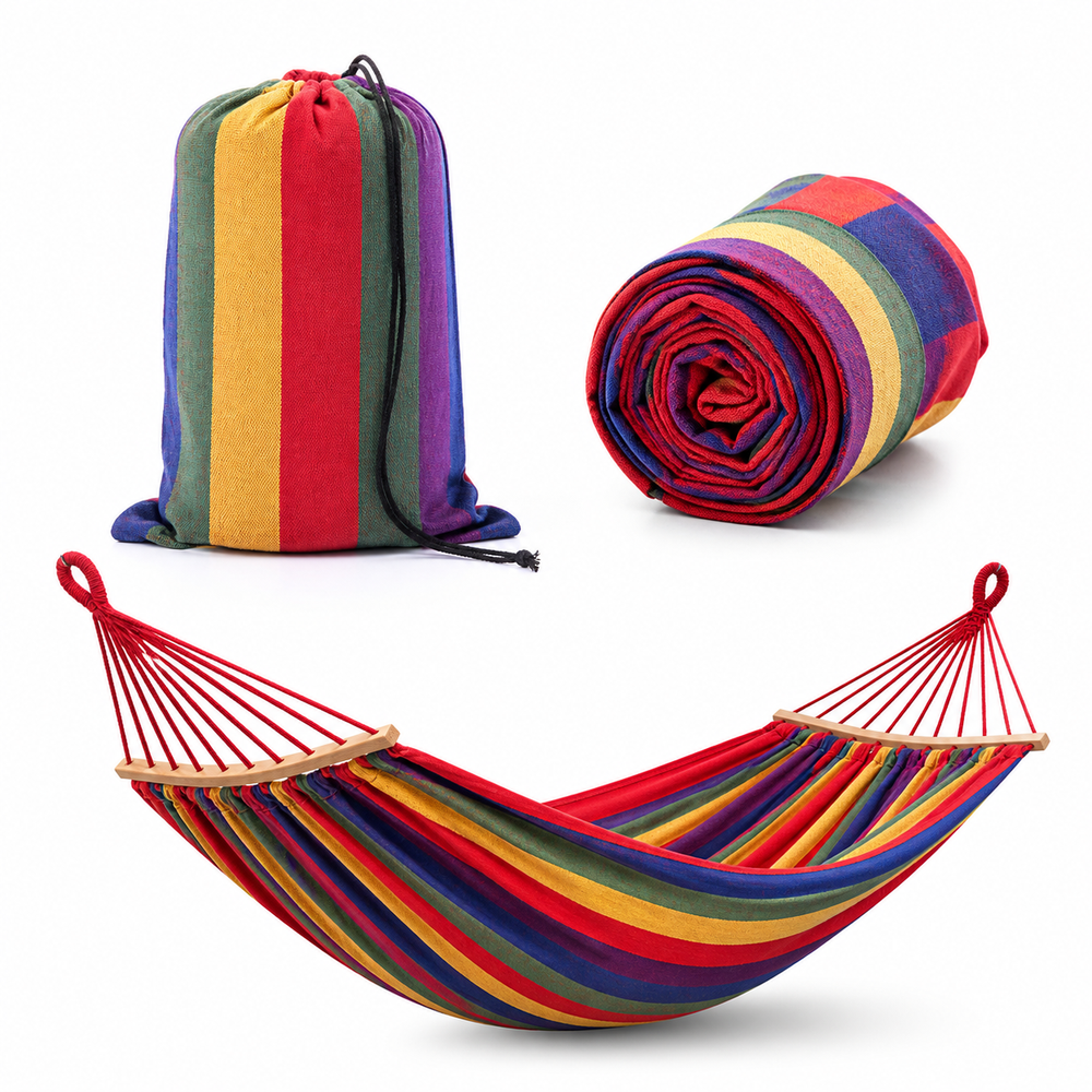Set 2 Hamace Multicolore 200x100 cm, Bumbac + Poliester, Pentru Gradina, Camping si Relaxare, Rezistente si Confortabile PromotiiZilnice