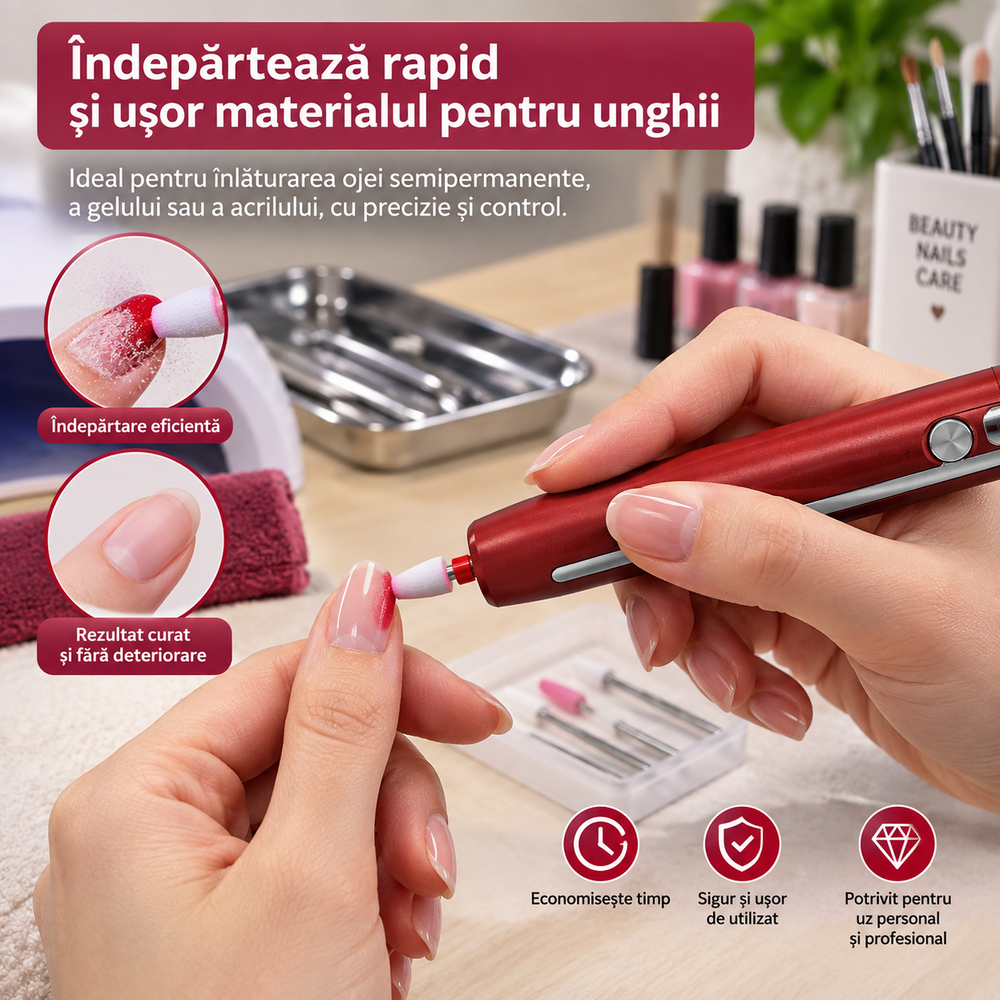 Freză Electrică pentru Manichiură și Pedichiură, Portabilă, USB, cu Capete de Frezare Powersale