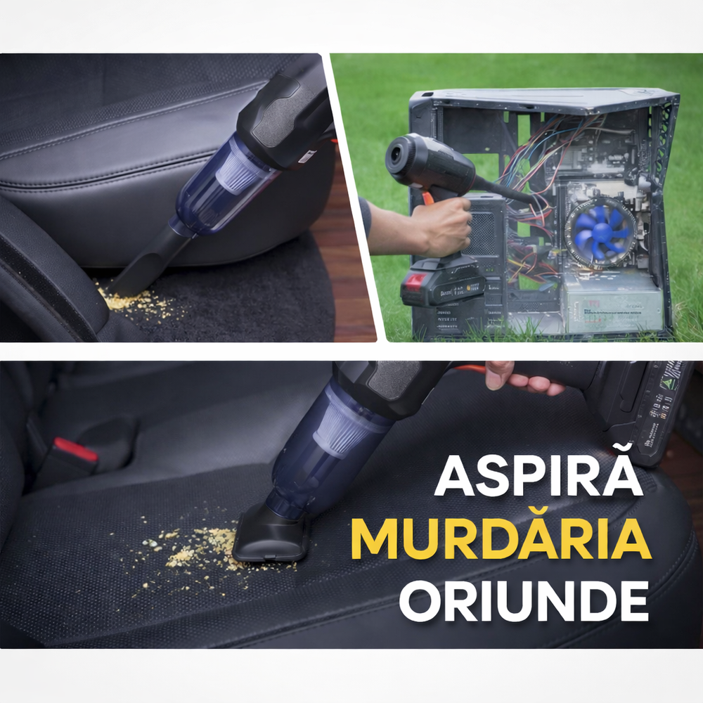 Aspirator Auto 6 in 1 Fara Fir, pentru Casa, Masina, Calculator, Birou, Putere 100W, Eficienta Mare, Functii de Aspirare, Suflare, Vidare, Filtru HEPA, Perie Detailing, Negru PromotiiZilnice
