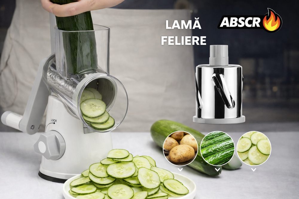 Răzătoare Manuală 3 în 1 pentru Legume, Fructe și Nuci – 3 Lame din Oțel Inoxidabil, Multifuncțională, cu Ventuză și Maner Rotativ BoomSale
