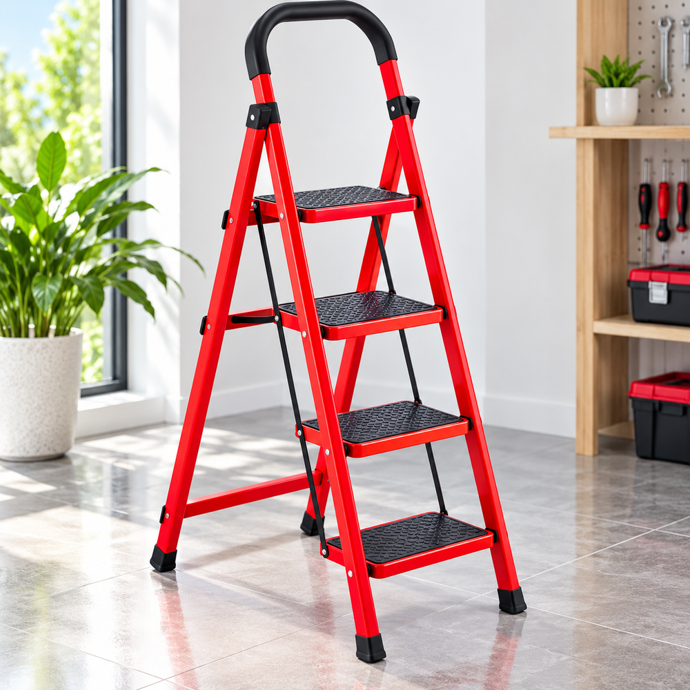 Scară Metalică Pliabilă cu 4 Trepte Antiderapante, Mâner Ergonomic, Roșu-Negru BunSiPractic