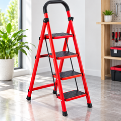 Scară Metalică Pliabilă cu 4 Trepte Antiderapante, Mâner Ergonomic, Roșu-Negru BunSiPractic