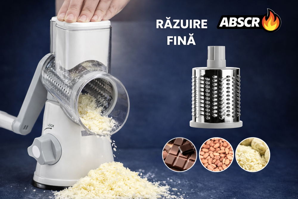 Răzătoare Manuală 3 în 1 pentru Legume, Fructe și Nuci – 3 Lame din Oțel Inoxidabil, Multifuncțională, cu Ventuză și Maner Rotativ BoomSale