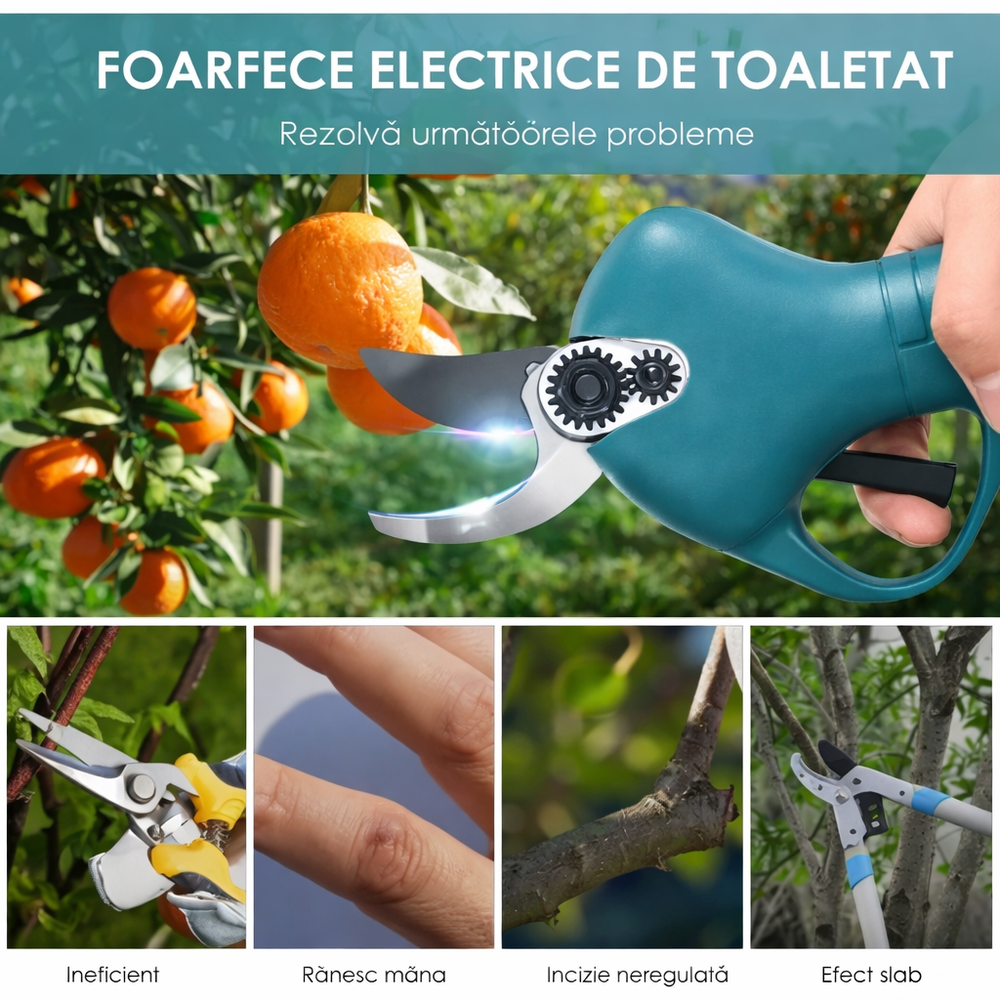 Foarfeca Electrica 1000W cu 2 Acumulatori – Foarfeca Automata Profesionala pentru Toaletat Pomi si Vita de Vie PromotiiZilnice