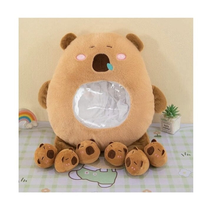 Capibara de Plus cu 6 Pui, Maro, 50 cm,Set Jucării Pufoase - PromotiiZilnice
