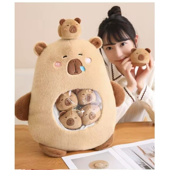 Capibara de Plus cu 6 Pui, Maro, 50 cm,Set Jucării Pufoase - PromotiiZilnice