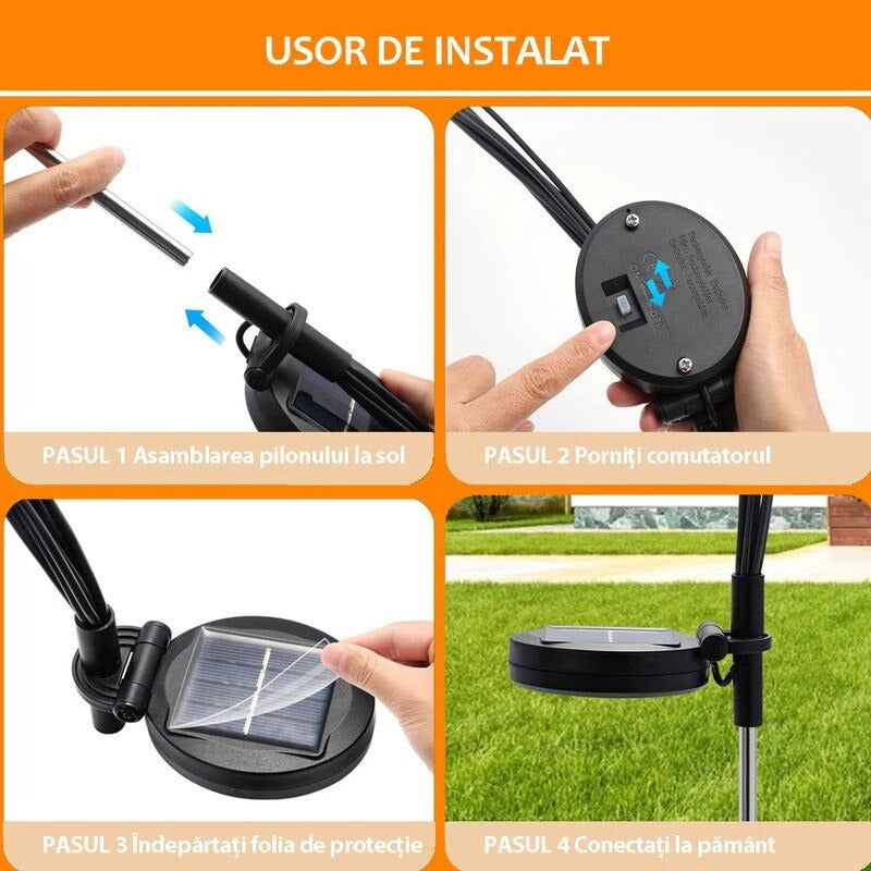 Set 2 Lampi Solare Licurici pentru Gradina, 8 LED-uri, 70 cm, Lumina Alb Cald, IP65, ABS - PromotiiZilnice