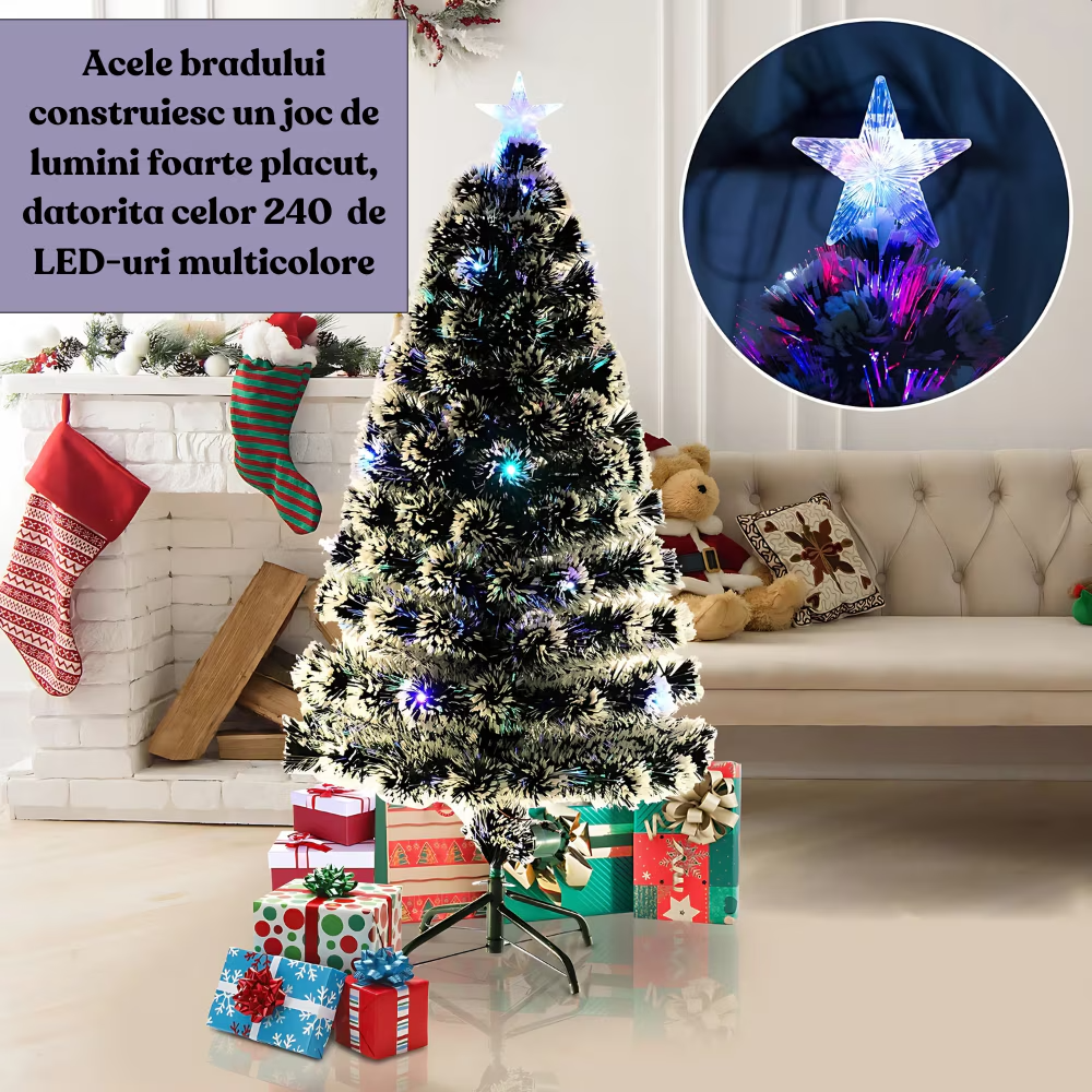 Brad Craciun 210 cm cu 240 LED RGB si Fibra Optica, Stea Luminoasa, Suport Metalic, IP20 – Verde - PromotiiZilnice