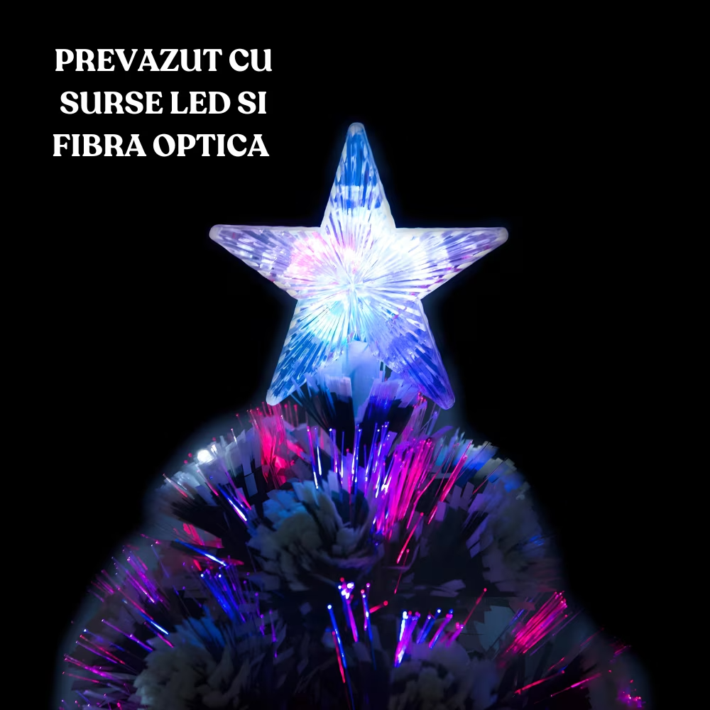 Brad Craciun 210 cm cu 240 LED RGB si Fibra Optica, Stea Luminoasa, Suport Metalic, IP20 – Verde - PromotiiZilnice