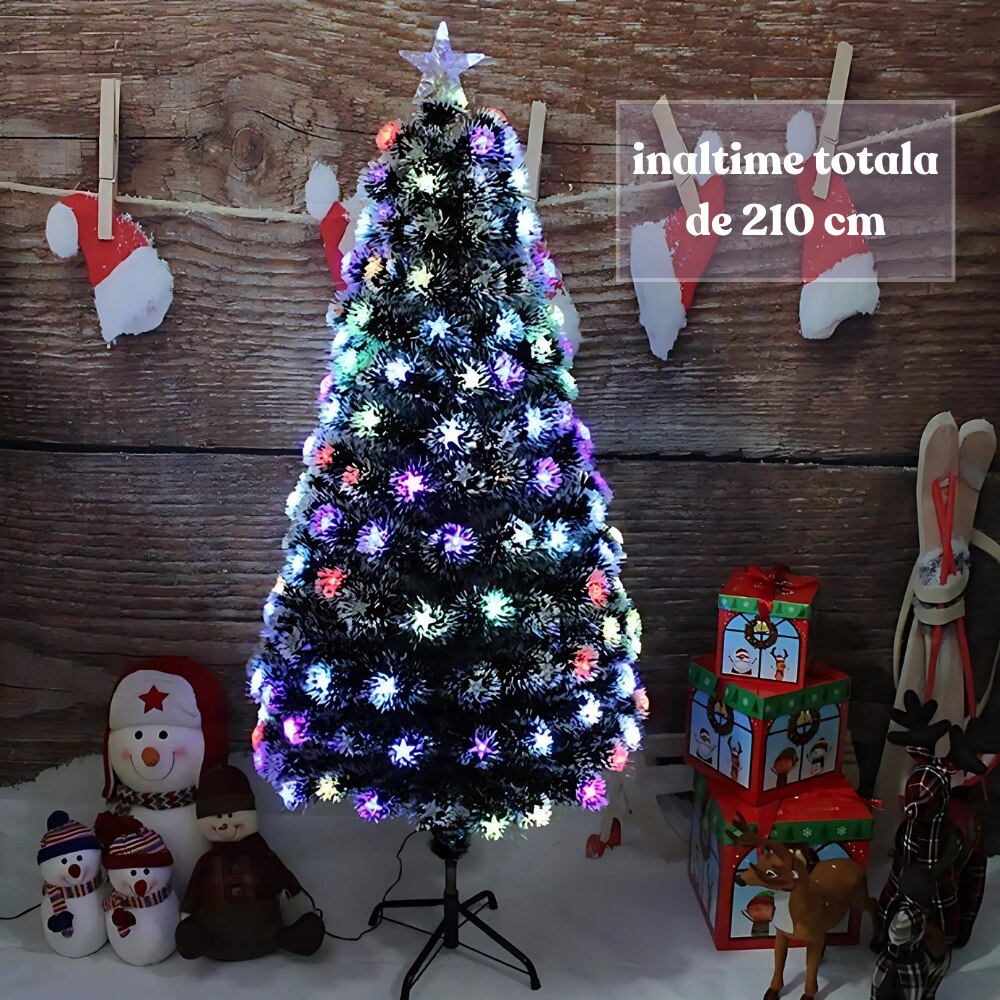 Brad Craciun 210 cm cu 240 LED RGB si Fibra Optica, Stea Luminoasa, Suport Metalic, IP20 – Verde - PromotiiZilnice