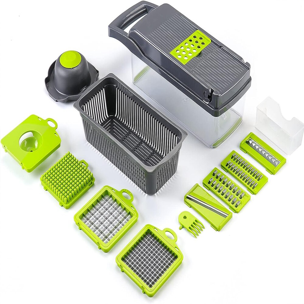 Feliator de Legume Multifuncțional 15 în 1, cu 8 Tăieturi, Lame Inox, Accesorii pentru Tocat și Julienne, Caserolă Inclusă, Verde - PromotiiZilnice