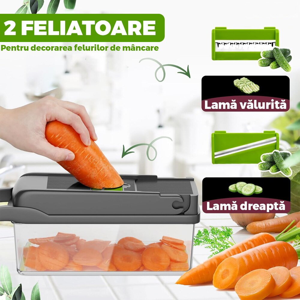 Feliator de Legume Multifuncțional 15 în 1, cu 8 Tăieturi, Lame Inox, Accesorii pentru Tocat și Julienne, Caserolă Inclusă, Verde - PromotiiZilnice