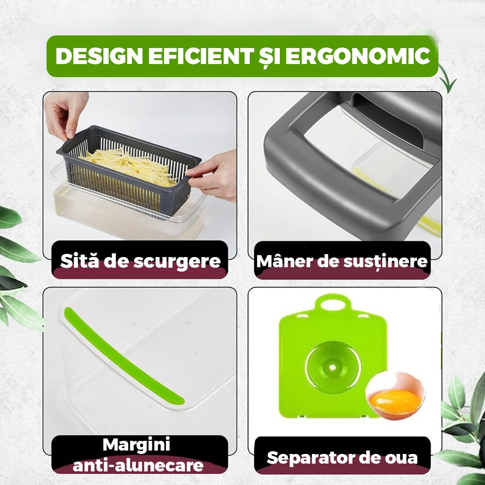 Feliator de Legume Multifuncțional 15 în 1, cu 8 Tăieturi, Lame Inox, Accesorii pentru Tocat și Julienne, Caserolă Inclusă, Verde - PromotiiZilnice