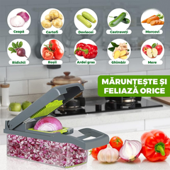 Feliator de Legume Multifuncțional 15 în 1, cu 8 Tăieturi, Lame Inox, Accesorii pentru Tocat și Julienne, Caserolă Inclusă, Verde - PromotiiZilnice