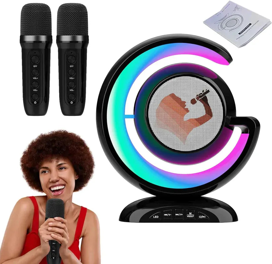 Dispozitiv Karaoke All-in-One, cu Boxa Bluetooth, Iluminare RGB Led, 1 Microfon, Slot Card, Conectare la Smartphone