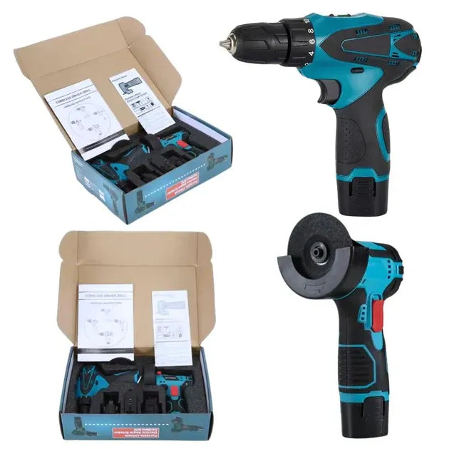 Kit Masina de gaurit cu impact 12V + Mini polizor unghiular, 2 baterii si husa PromotiiZilnice