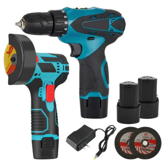 Kit Masina de gaurit cu impact 12V + Mini polizor unghiular, 2 baterii si husa PromotiiZilnice