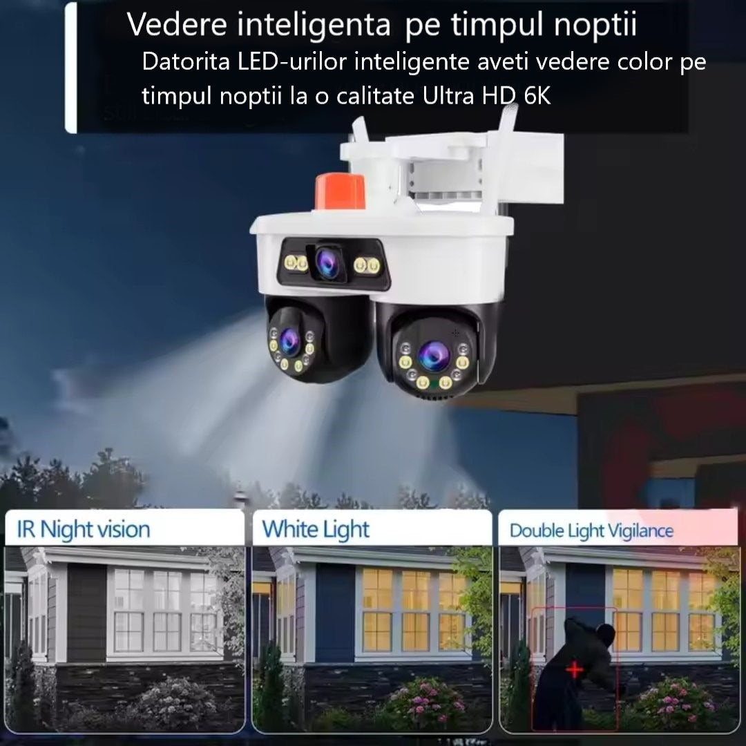 Set 2 Camere WiFi Exterior 9MP 6K cu 3 Lentile si Cap PTZ 355°, Viziune Nocturna Color si Audio Bidirectional, IP66 + 2 x Card 32GB - PromotiiZilnice