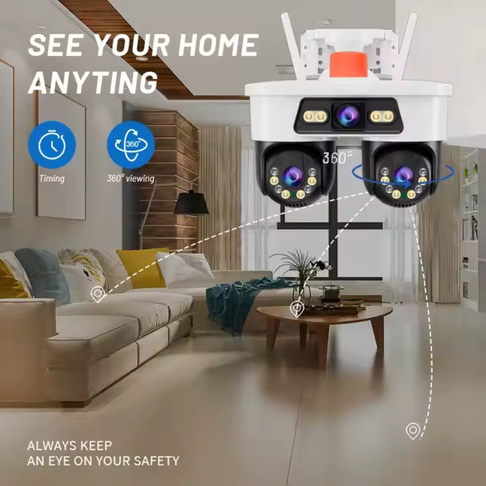 Set 2 Camere WiFi Exterior 9MP 6K cu 3 Lentile si Cap PTZ 355°, Viziune Nocturna Color si Audio Bidirectional, IP66 + 2 x Card 32GB - PromotiiZilnice